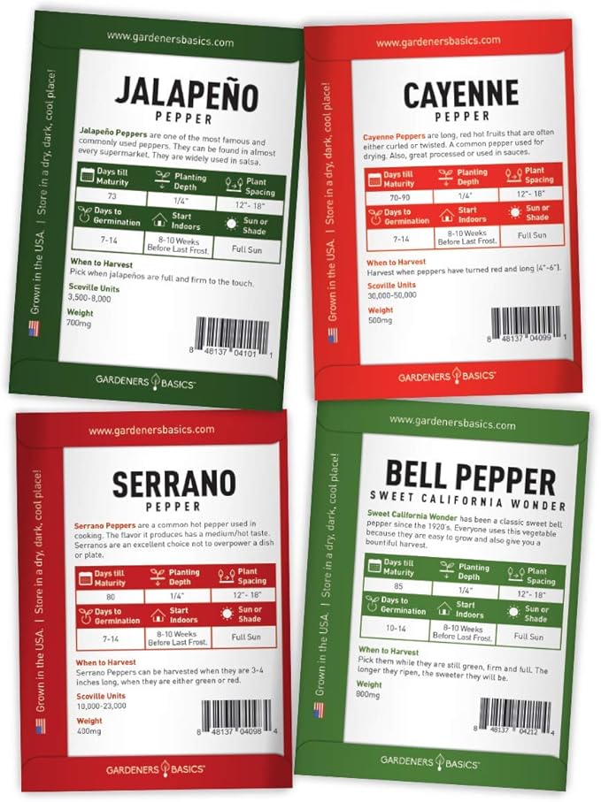 Gardeners Basics, Pepper Seeds for Planting 8 Varieties Pack, Jalapeno, Habanero, Bell Pepper, Cayenne, Hungarian Hot Wax, Anaheim, Serrano, Cubanelle Heirloom Seeds for Planting in Garden Non GMO
