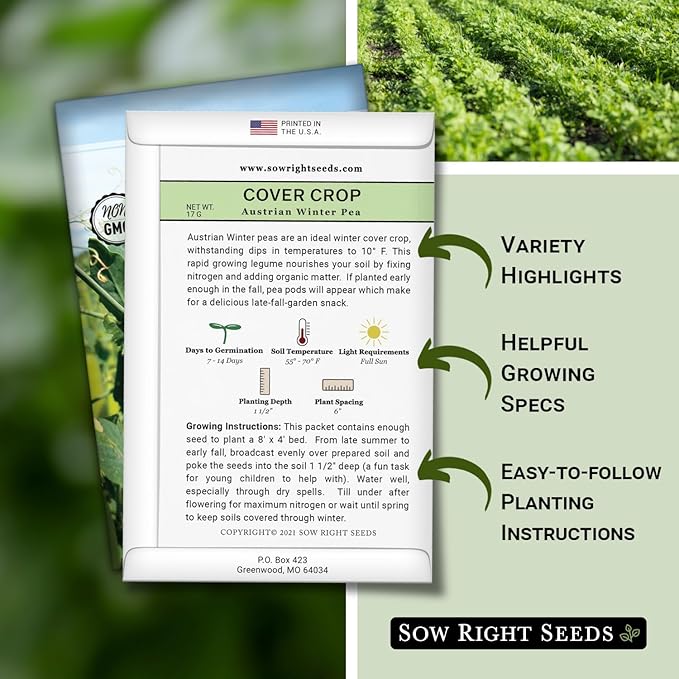 Sow Right Seeds - Austrian Winter Peas for Planting - Cover Crops to Plant in Your Home Vegetable Garden - Enriches and Fixes Soil - Adds Organic Matter - Non-GMO Heirloom Seeds - Great Gardening Gift