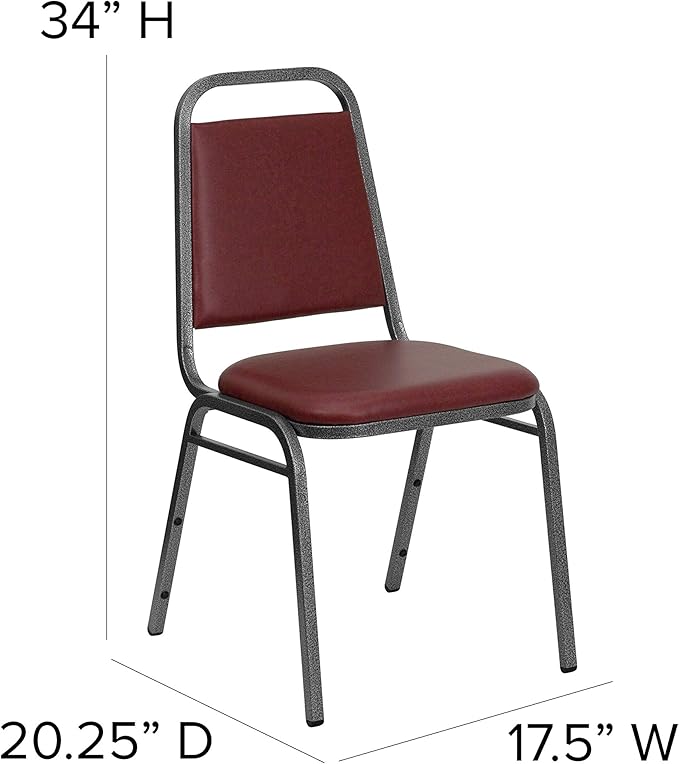EMMA + OLIVER Trapezoidal Back Vinyl Stackable Banquet Chair, Multipurpose Stacking Chair with Padded Seat and Back, Burgundy/Silver