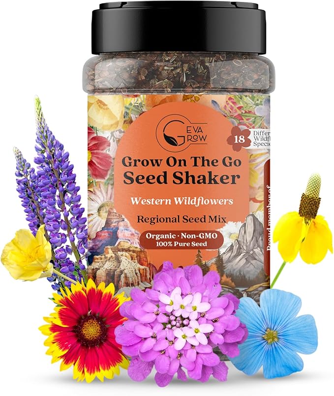 GevaGrow on the Go Seed Shaker - Western Wildflower Seeds Regional Mix - Organic, Non-GMO - 100% Pure Seed - 18 Different Wildflowers Seeds of Annual and Perennial, 2oz