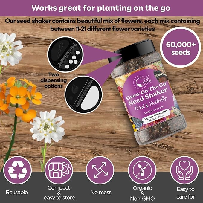 Mini Wildflower Seed Shaker - Bird & Butterfly Garden Seed Mix | 60,000+ Annual & Perennial Flower Seeds for Planting - Attracts Hummingbirds & Butterfly | No Messy Bags or Packets