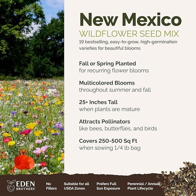 Eden Brothers New Mexico Wildflower Mixed Seeds for Planting, 1/4 lb, 120,000+ Seeds with Yarrow, Coreopsis | Attracts Pollinators, Plant in Spring or Fall, Zones