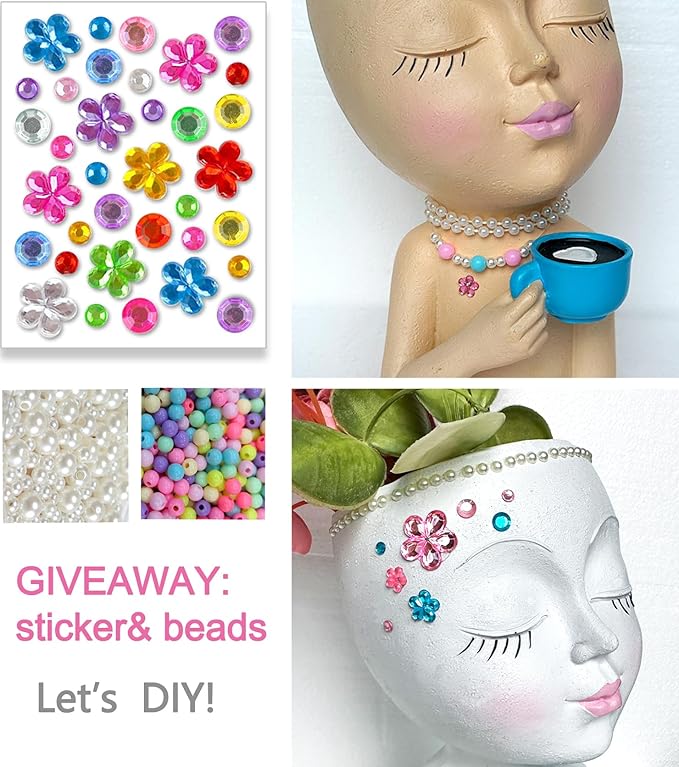 Face Pot for Plants, with a Base,Face Flower Pot for Indoor Outdoor Plants Resin Succulent Planter with Drainage Hole Cute Lady Face Plant Pots（Lignt Orange）