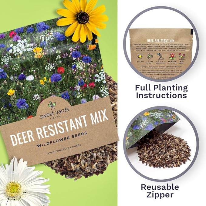 Deer Resistant Wildflower Seed Mixture - Bulk 1 Ounce Packet - Over 15,000 Deer Tolerant Seeds - Open Pollinated and Non GMO