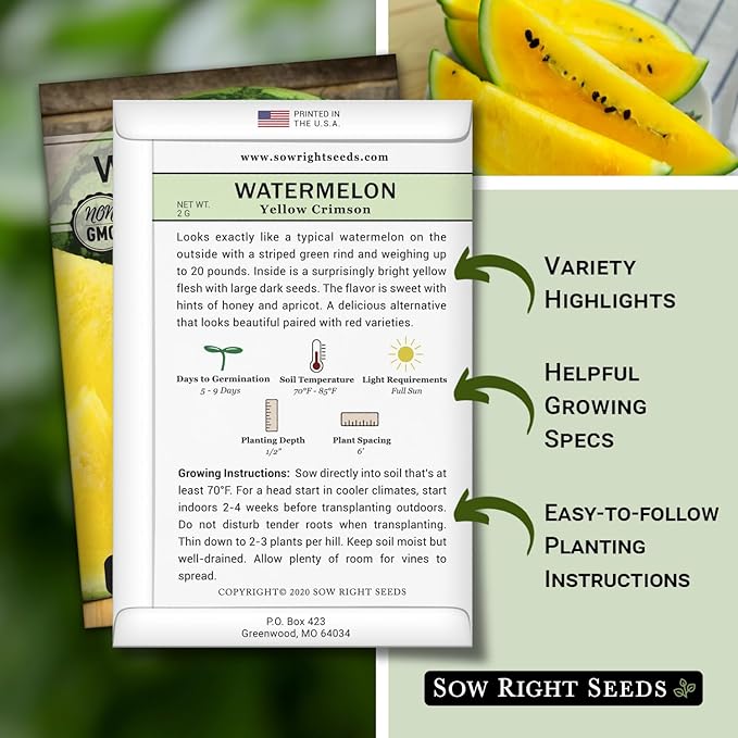 Sow Right Seeds - Yellow Crimson Sweet Watermelon Seed for Planting - Non-GMO Heirloom Packet with Instructions to Plant a Home Vegetable Garden - Rare Yellow Flesh Melon with Sweet Flavor (3)