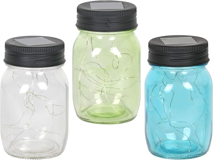 Exhart Solar Mason Jars, Set of 3 Glass Outdoor Garden Lanterns with Lids, 12 LED Firefly Lights, Lawn and Yard Decorations, 3.5 x 5.5 Inch