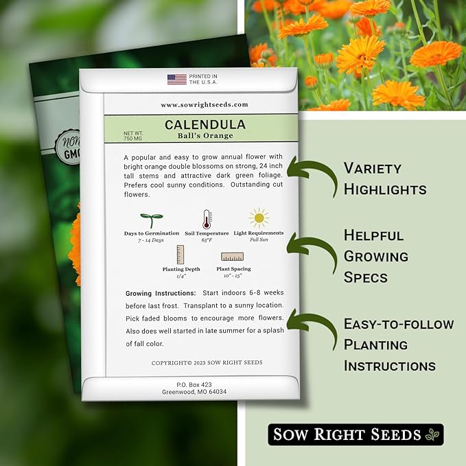 Sow Right Seeds - Ball’s Orange Calendula Seeds for Planting - Non-GMO Heirloom Packet with Instructions to Plant a Home Garden - Medicinal Orange Blooms That Pollinators Love - Grow Herbal Tea (2)