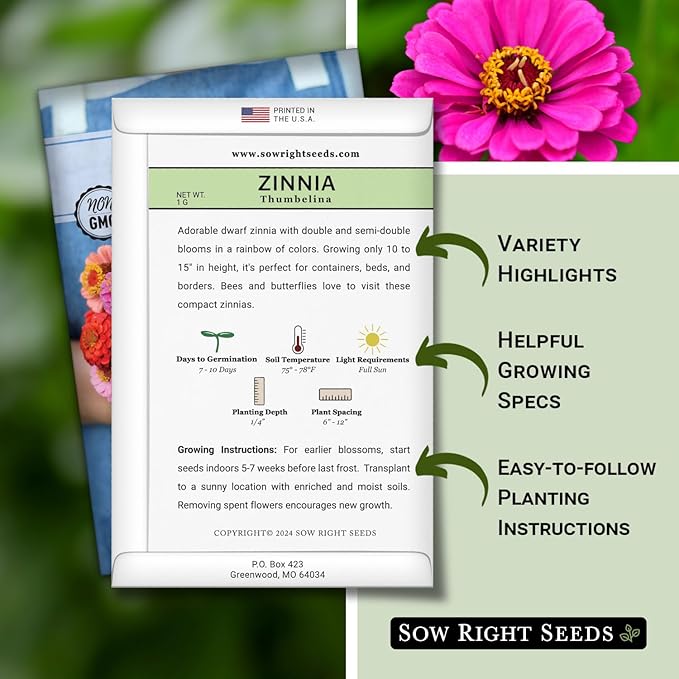 Sow Right Seeds - Thumbelina Zinnia Seeds for Planting - Beautiful to Plant in Your Flower Garden - Non-GMO Heirloom Packet with Instructions - Annual Cut and Come Again for Bouquets (1)