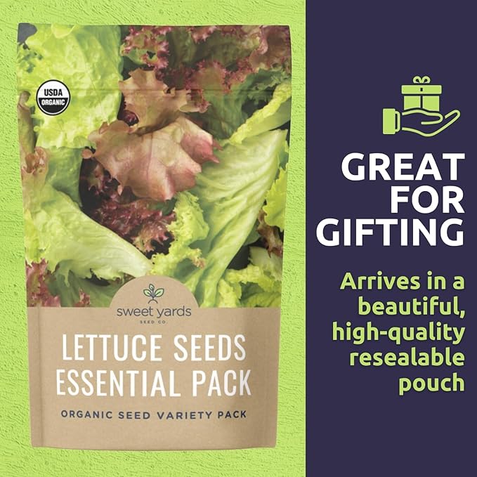 Organic Lettuce & Greens Seeds Variety Pack - 5 Individual Packs - 2025 Season - Buttercrunch, Gourmet Mix, Romaine, Tom Thumb & Iceberg. for Indoor & Outdoor Planting (Non-GMO, Certified Organic)