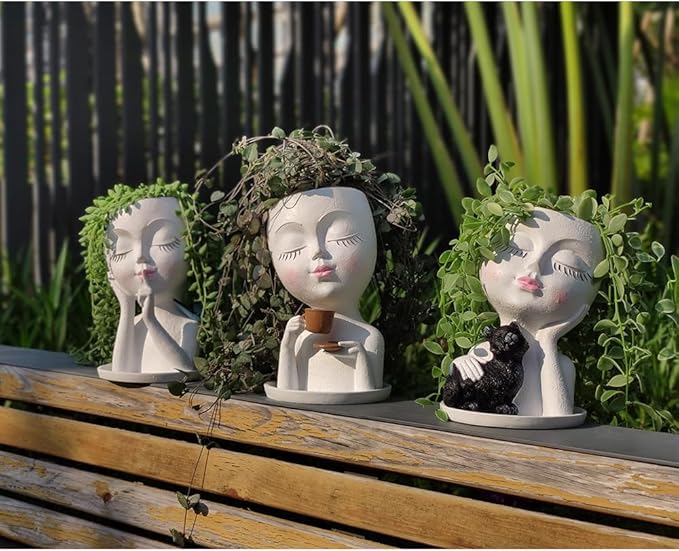 Face Planter Pots, Resin Face Planter for Indoo/Outdoor Plants,Head Planter with Drainage Hole/Removable Saucer (Coffee, White)