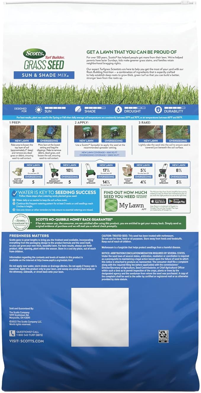 Scotts Turf Builder Grass Seed Sun & Shade Mix with Fertilizer and Soil Improver, Thrives in Many Conditions, 32 lbs.