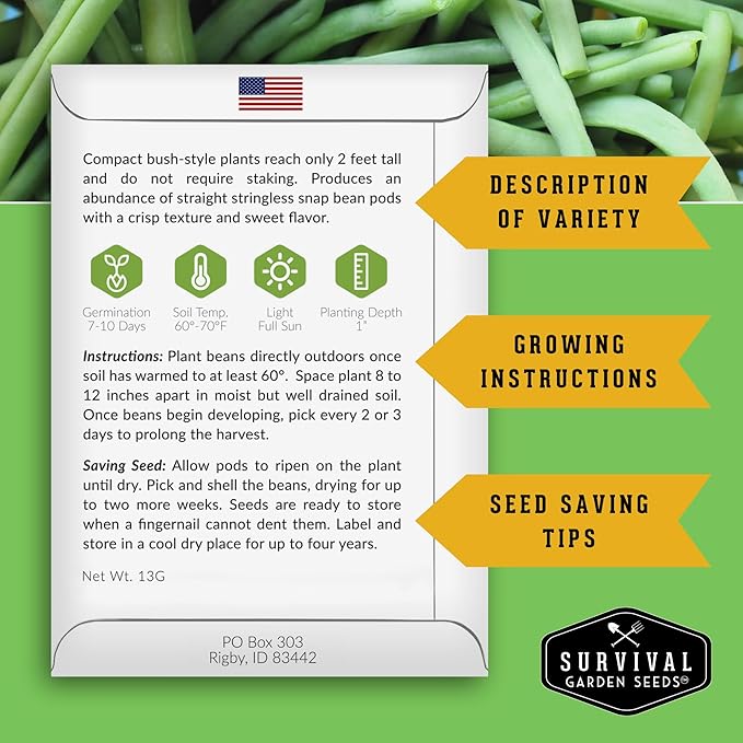 Survival Garden Seeds - Blue Lake Bush Bean Seed for Planting - 1 Packet with Instructions to Plant & Grow Green Stringless Snap Beans in Your Home Vegetable Garden - Non-GMO Heirloom Variety