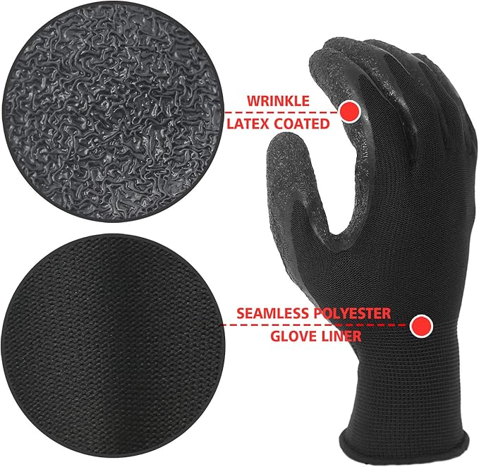Evridwear Crinkle Latex Rubber Hand Coated Safety Work Gloves for Men Women General Multi Use Construction Warehouse Gardening Assembly Landscaping (S-Size) 12 Pairs Pack