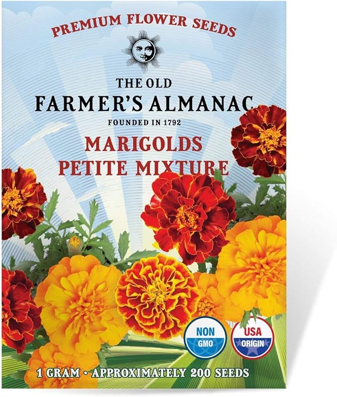 The Old Farmer's Almanac Marigold Seeds (Petite Mixture) - Approx 200 Flower Seeds - Premium Non-GMO, Open Pollinated, USA Origin