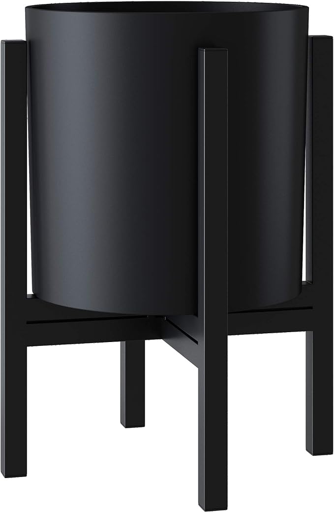 FaithLand Plant Pot 10 inch - Perfectly Fits Mid-Century Modern Plant Stand - Drainage Plug and Drainage Mesh Screen - Matte Black Planter