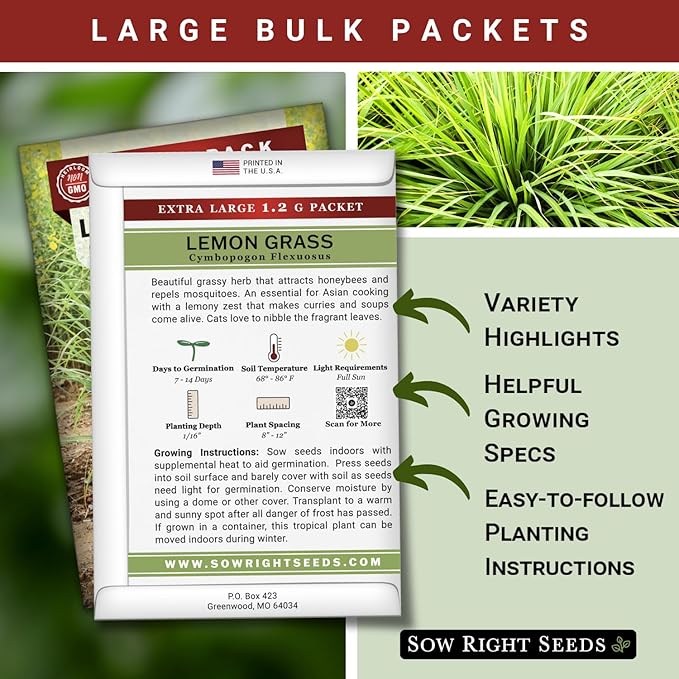 Sow Right Seeds - Lemon Grass Seed for Planting - 1600 Seeds, 1.2 Grams, Non-GMO Heirloom Bulk Jumbo Pack with Instructions to Plant and Grow an Herb Garden - Grow Loads of This Culinary Herb