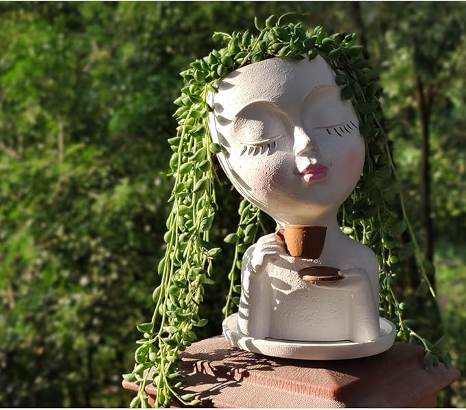 Face Planter Pots, Resin Face Planter for Indoo/Outdoor Plants,Head Planter with Drainage Hole/Removable Saucer (Coffee, White)