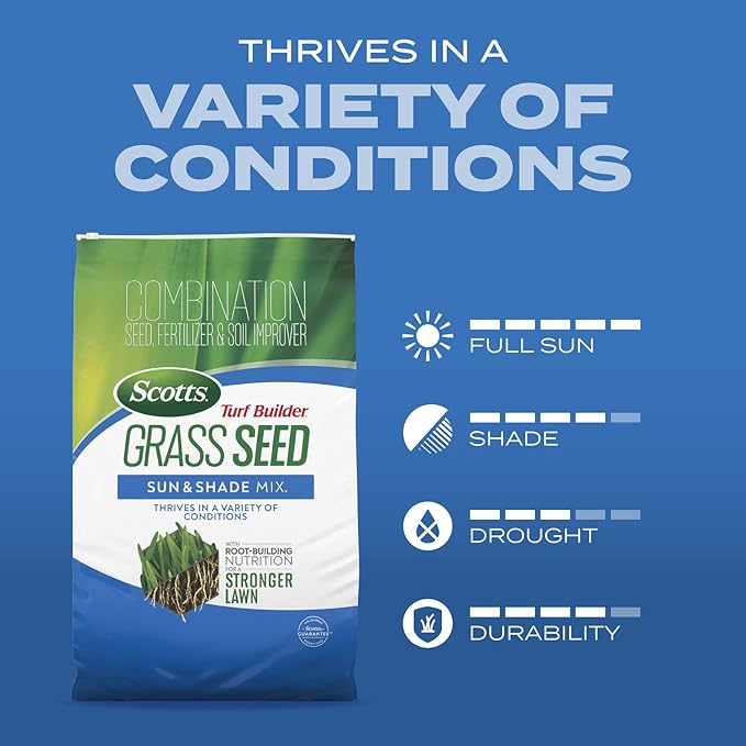 Scotts Turf Builder Grass Seed Sun & Shade Mix with Fertilizer and Soil Improver, Thrives in Many Conditions, 32 lbs.