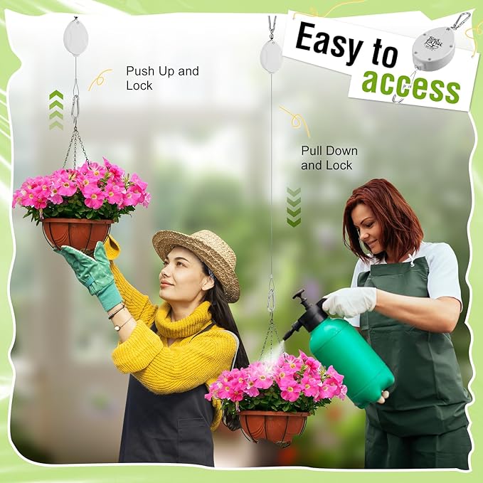 Plant Pulleys for Hanging Plants, Heavy Duty Retractable Hangers, 304 Stainless Steel Rope, Auto Plant Holder, Adjustable Climbing Hook for Garden Baskets Watering, or Bird Feeders (White-6)