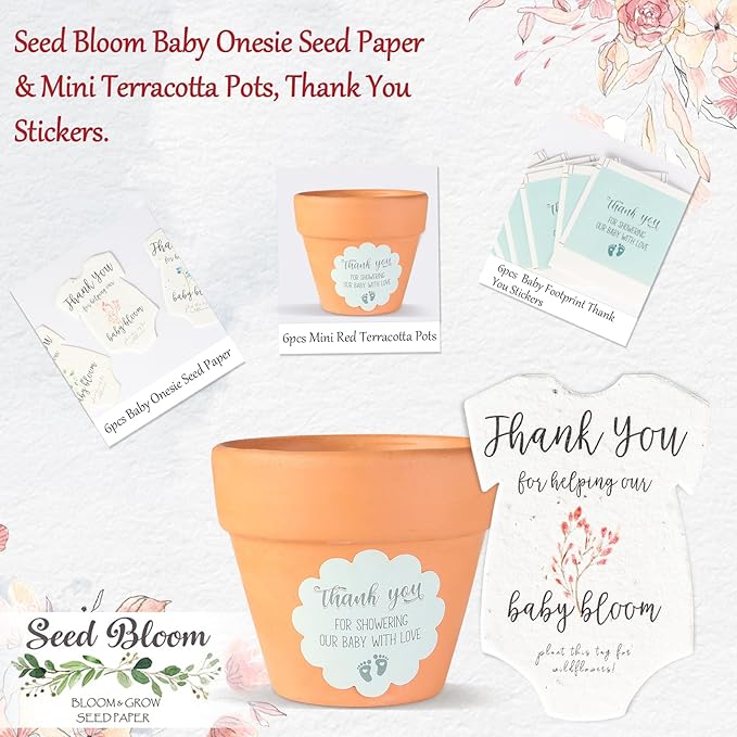 Set of 6 Seed Paper – 6 Pink Onesie & 6 Orange Pots with Stickers for Weddings & Life Events