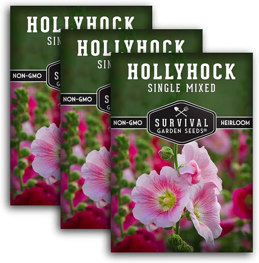 Survival Garden Seeds - Single Mixed Hollyhock Seed for Planting - 3 Packs with Instructions to Plant and Grow Colorful Spikes of Flowers in Your Home Vegetable Garden - Non-GMO Heirloom Variety