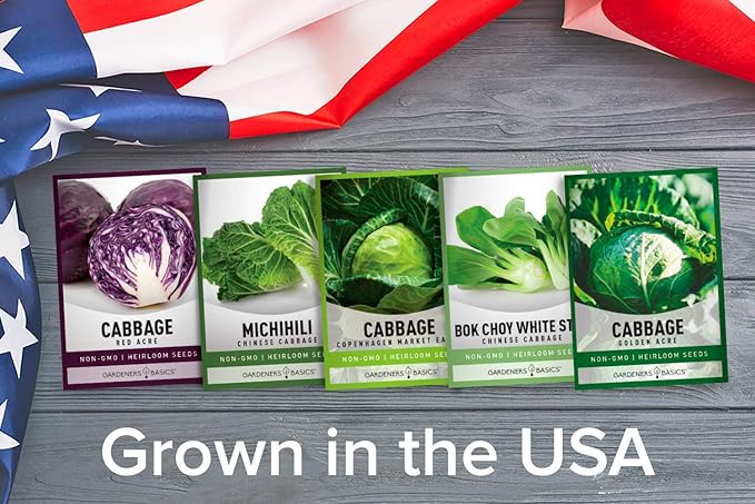 Gardeners Basics, Cabbage Seeds for Planting 5 Individual Packets Bok Choy, Michihili (Napa) Chinese Cabbage, Red, Golden Acre and Copenhagen Market Early for Your Non GMO Heirloom Vegetable Garden