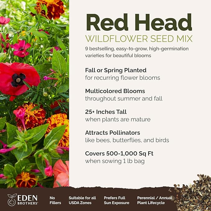 Eden Brothers Red Head Wildflower Mixed Seeds for Planting, 1 lb, 480,000+ Seeds with Maltese Cross, Scarlet Flax | Attracts Pollinators, Plant in Spring or Fall, Zones 3, 4, 5, 6, 7, 8, 9, 10