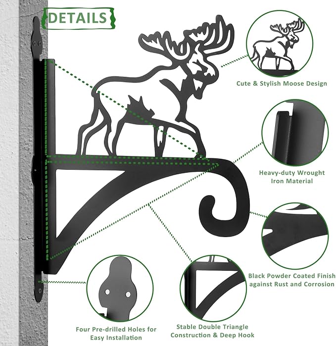 ATKKE Hanging Plant Bracket Hangers Indoor Iron Wall Mount,11” Moose Silhouette Ornamental Iron Hangers Hookers for Flower Pot Lantern Bird Feeder Wind Chimes
