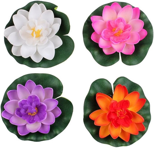 Set Of 4 Different Color Artificial Floating Foam Lotus Flower Water Lily for Home Garden Pond Decor,Small