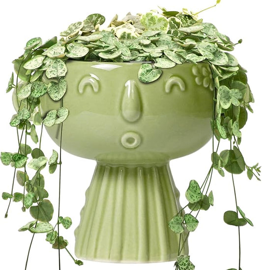 Face Planter Pot - 7 Inch Ceramic Head Planter for Indoor Plants Outdoor, Cute Succulent Flower Pots with Drainage Hole, Room Home Garden Decor, Gardening Gifts, Green