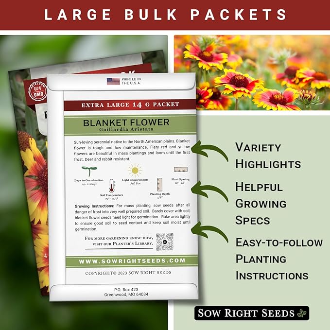 Sow Right Seeds - Bulk Blanket Flower Seeds for Planting - 14 Grams, 5000 Seeds - Non-GMO Heirloom Jumbo Pack to Plant in Your Garden - Perennial Indian Gaillardia - Grow Native Gardens, Adds Color