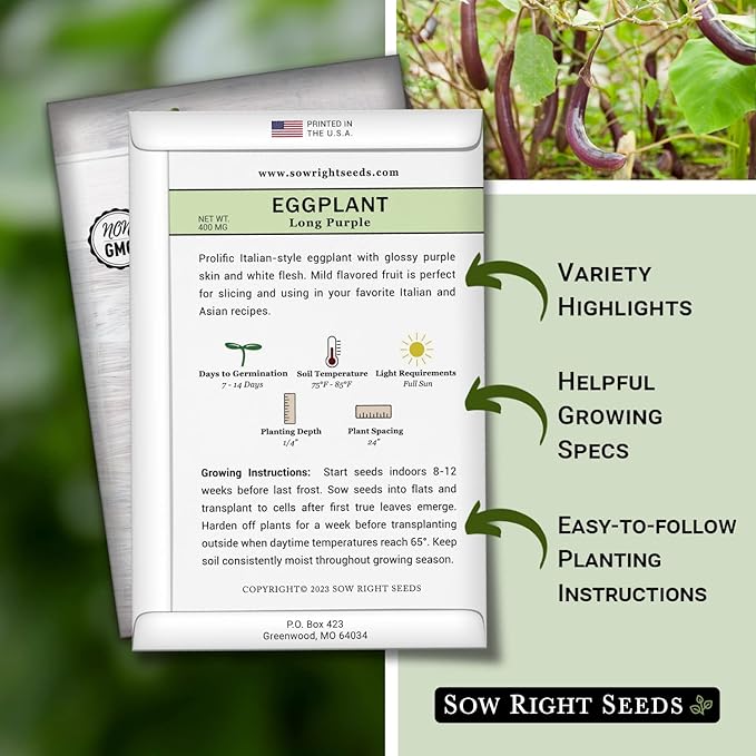 Sow Right Seeds - Long Purple Eggplant Seeds for Planting - Non-GMO Heirloom Packet with Instructions to Plant an Outdoor Home Vegetable Garden - Grow This Chinese Variety Indoors or Outdoors (3)