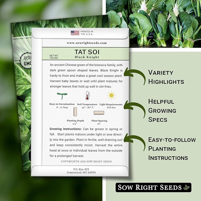 Sow Right Seeds - Black Knight Tat SOI Seeds for Planting - Non-GMO Heirloom Packet with Instructions to Plant a Home Vegetable Garden - Chinese Mustard Greens for Cooking - Dark Leafy Green (2)