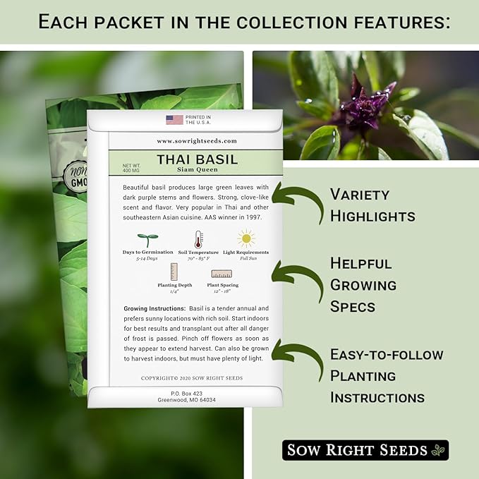 Sow Right Seeds - Large Basil Seed Collection for Planting - Genovese, Greek, Opal, Thai, and Lemon Basil - Non-GMO Heirloom Packets to Grow Indoors or Outdoor - Kitchen Herb Gardening f1
