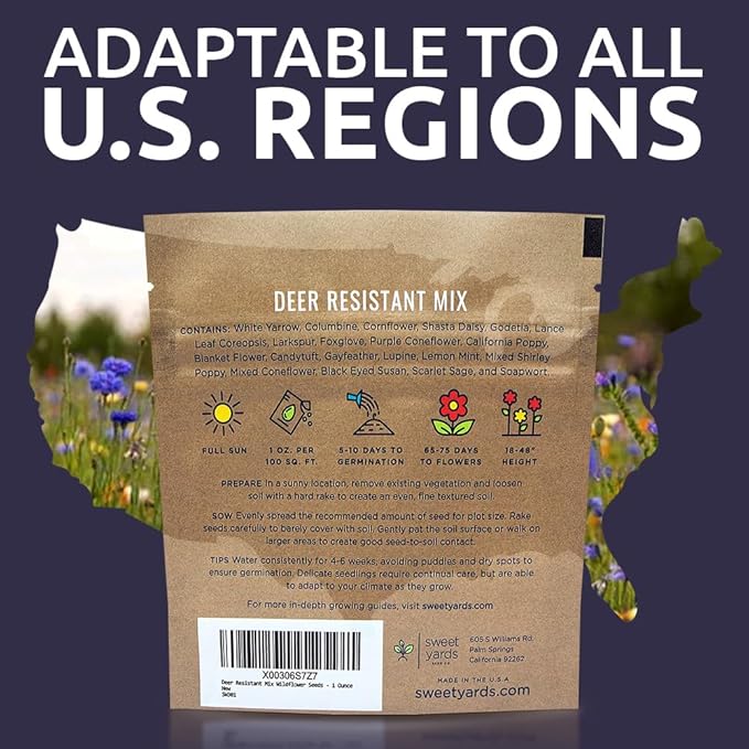 Deer Resistant Wildflower Seed Mixture - Bulk 1 Ounce Packet - Over 15,000 Deer Tolerant Seeds - Open Pollinated and Non GMO