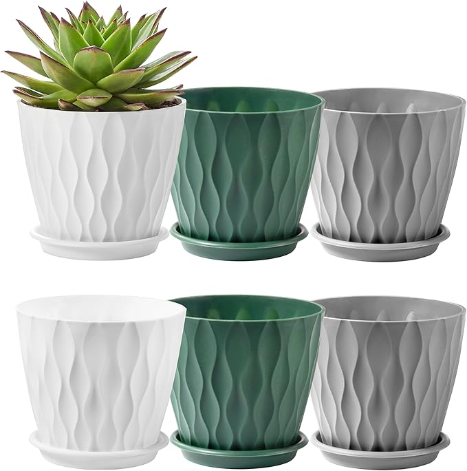 FaithLand 6-Pack 6-Inch Plastic Plant Pots with Saucers | Thickened PP Material, Modern Wave Texture, Enhanced Drainage for Indoor/Outdoor Garden Plants | Tricolor Value Set