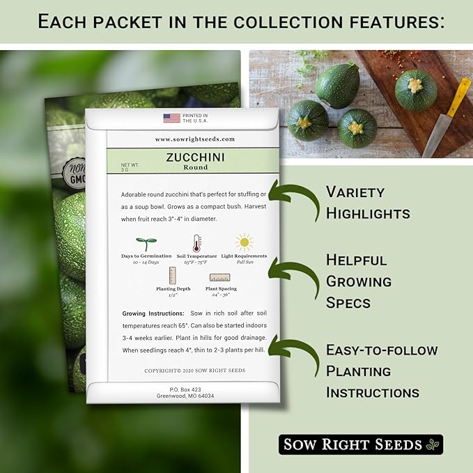 Sow Right Seeds - Zucchini Squash Seed Collection for Planting - Black Beauty, Grey, Round, Golden, and Cocozelle - Non-GMO Heirloom Packet to Plant a Vegetable Garden - Productive Summer Squash