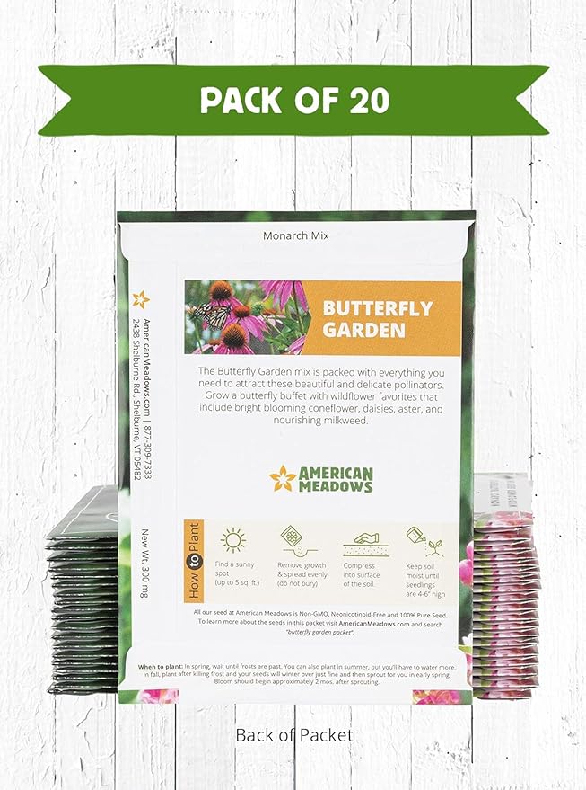 American Meadows Wildflower Seed Packets ''Butterfly Garden'' Favors (Pack of 20) - Pollinator Wildflower Seed Mix to Attract Hummingbirds, Bees, and Butterflies, Party Favors for Any Occasion