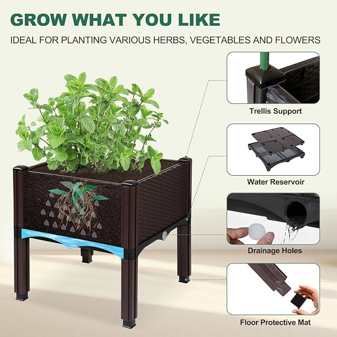 Emalie Raised Garden Beds Elevated Plastic Planter Box with Drainage Plugs Perfect for Vegetables Flowers Herbs Growing Outdoor, 63.0" Lx15.7 Wx16.5 H Brown