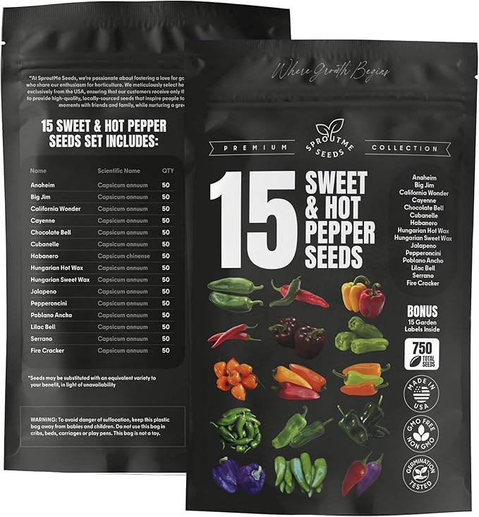 15 Sweet & Hot Pepper Seeds Vegetable Variety Pack Home Garden Kit Plant Markers 750+ Non-GMO Heirloom Indoor Hydroponic Outdoors Planting Cayenne Banana Habanero Jalapeno Cubanelle Bell Rare Peppers