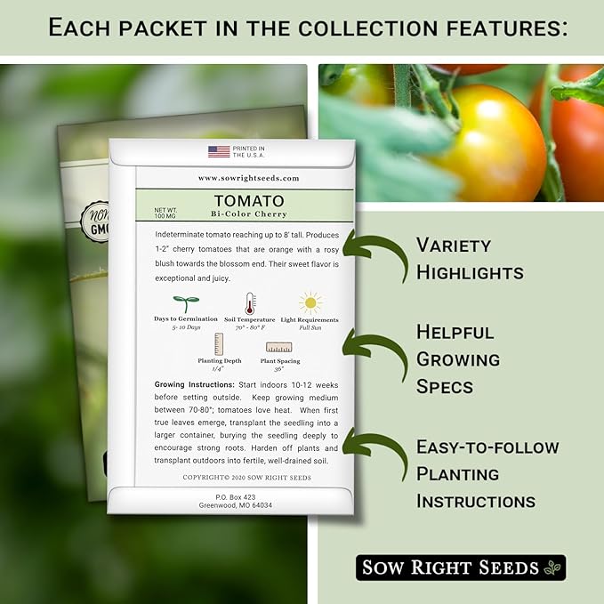 Sow Right Seeds - Cherry Tomato Seed Collection for Planting - Black, Large Red, White, Orange, Bi-Color Cherry and Yellow Pear Tomatoes - Non-GMO Heirloom Varieties to Plant a Home Vegetable Garden