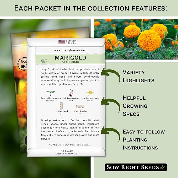 Sow Right Seeds - Annual Flower Seed Garden Collection for Planting - 5 Packets Includes Marigold, Zinnia, China Aster, Sunflower, and Cosmos - Grow in Pots or Outside, Raised Beds - Variety Pack
