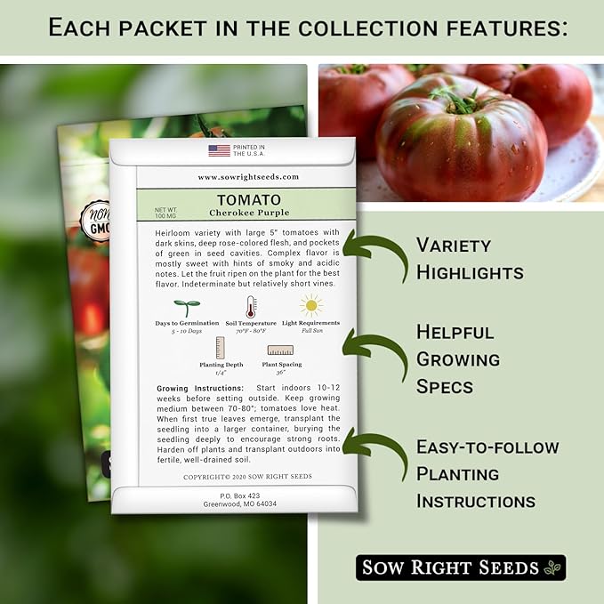 Sow Right Seeds - Classic Tomato Seed Collection for Planting - Cherokee Purple, Beefsteak, Large Red Cherry, Marglobe, and Roma Tomatoes - Non-GMO Heirloom Varieties Plant a Home Vegetable Garden