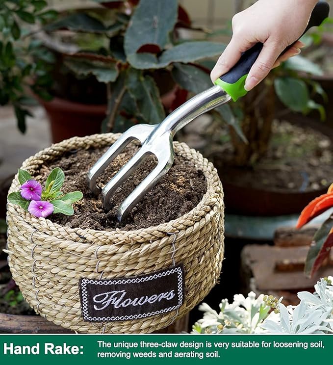 ESOW Garden Tool Set, 3 Piece Cast-Aluminum Heavy Duty Gardening Kit Includes Hand Trowel, Transplant Trowel and Cultivator Hand Rake with Soft Rubberized Non-Slip Ergonomic Handle, Garden Gifts