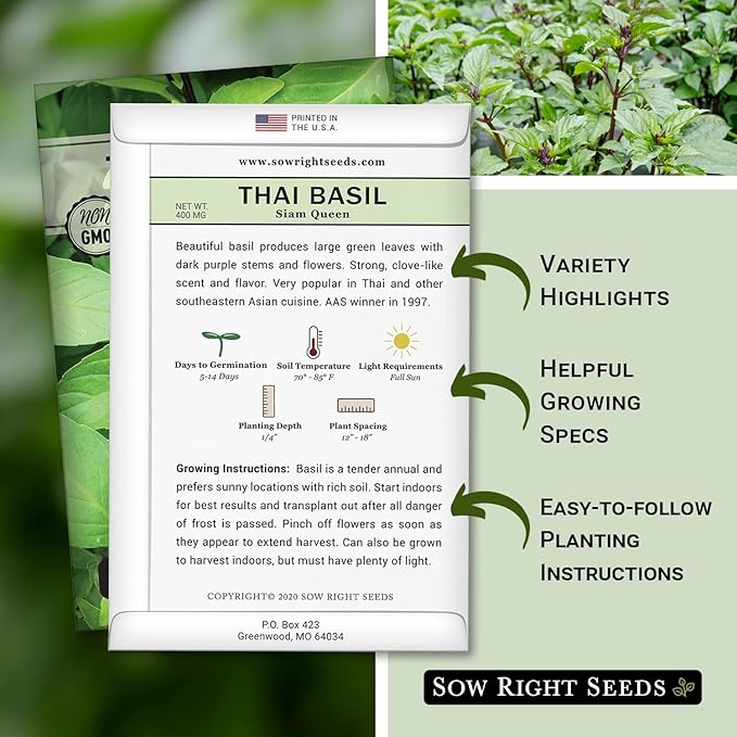 Sow Right Seeds - Sweet Large Leaf Thai Basil Seed for Planting - Non-GMO Heirloom Packet with Instructions to Plant a Kitchen Herb Garden - Indoors or Outdoor - Great for Hydroponic Growing (1)