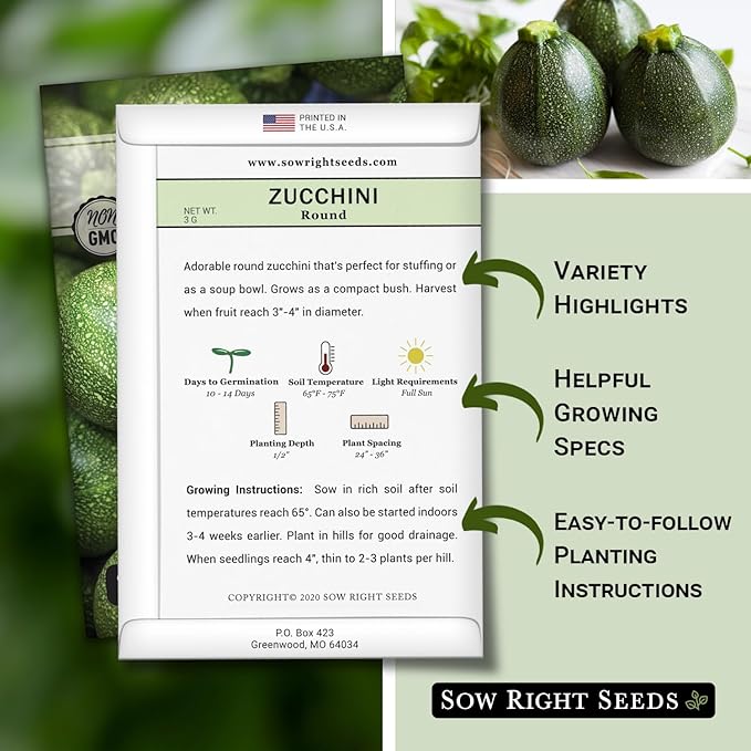 Sow Right Seeds - Round Zucchini Seed for Planting - Non-GMO Heirloom Packet with Instructions to Plant a Home Vegetable Garden - Unique Globe Squash - Summer Vining Variety (2)
