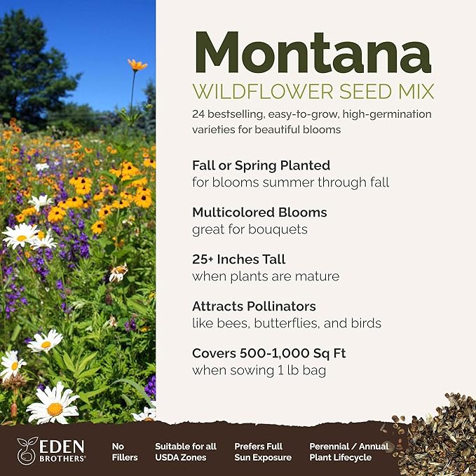 Eden Brothers Montana Wildflower Mixed Seeds for Planting, 1 lb, 480,000+ Seeds with Foxglove, Bluebell | Attracts Pollinators, Plant in Spring or Fall, Zones