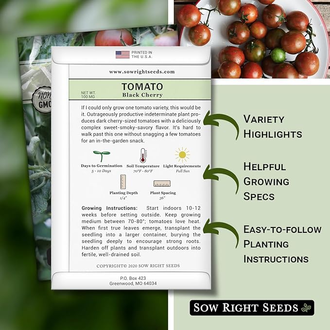 Sow Right Seeds - Black Cherry Tomato Seeds for Planting - Non-GMO Heirloom Packet with Instructions to Plant a Home Vegetable Garden - Tasty Snacking Variety, Start Indoors - Indeterminate (1)