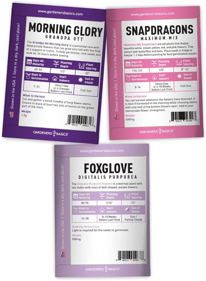 Gardeners Basics, Hummingbird Seeds for Planting Outdoors Flower Seeds (5 Variety Pack) Zinnia, Foxglove, Lupine, Morning Glory, Snapdragons Varieties for Bees, Pollinators Wildflower Seed