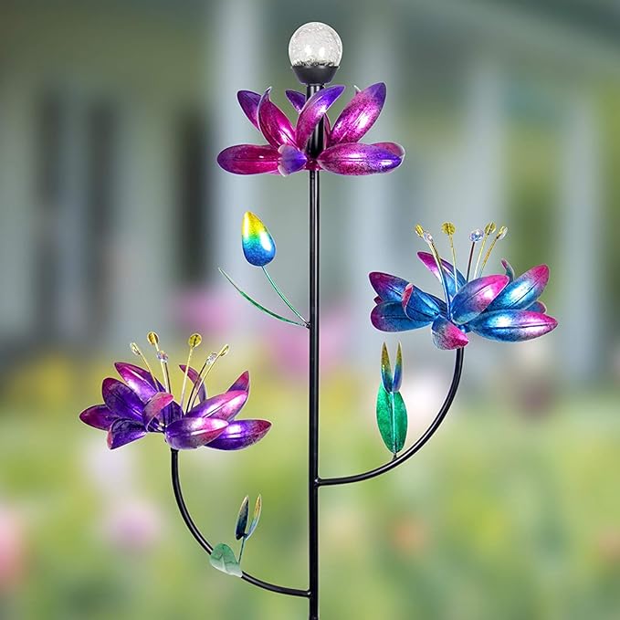 Exhart Garden Solar Lights, Lotus Flower Wind Spinner Garden Stake with Color Changing LED Crackle Ball and 3 Flowers, Outdoor Garden and Yard Decor, 20.5 x 70 Inch